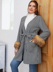 Mulvari Plus Gingham Fuzzy Cuff Double Pocket Belted Coat Fall Cloth For Women - Black and White - View 4