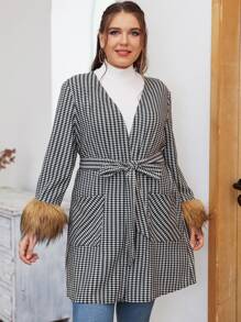 Mulvari Plus Gingham Fuzzy Cuff Double Pocket Belted Coat Fall Cloth For Women - Black and White - View 6