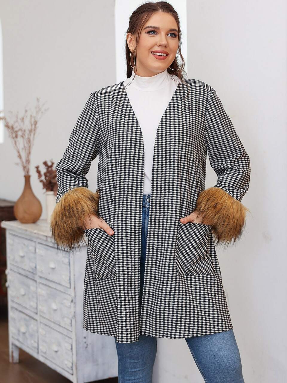 Plus Gingham Fuzzy Cuff Double Pocket Belted Coat Fall Cloth For Women