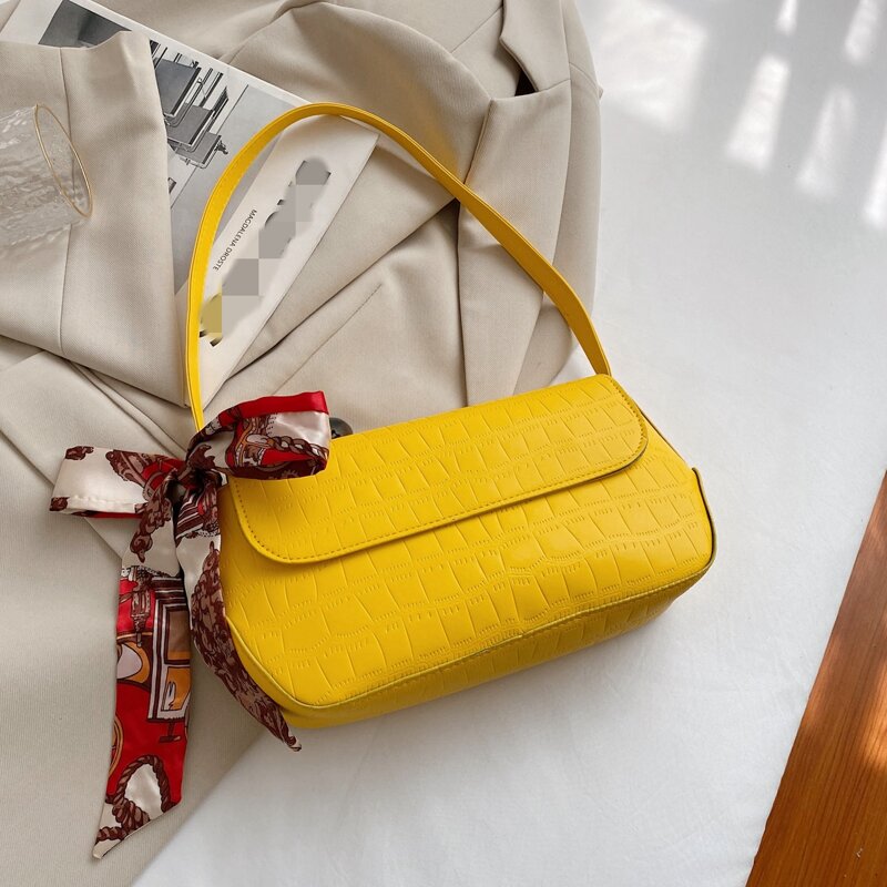 

Scarf Decor Flap Shoulder Bag, Yellow