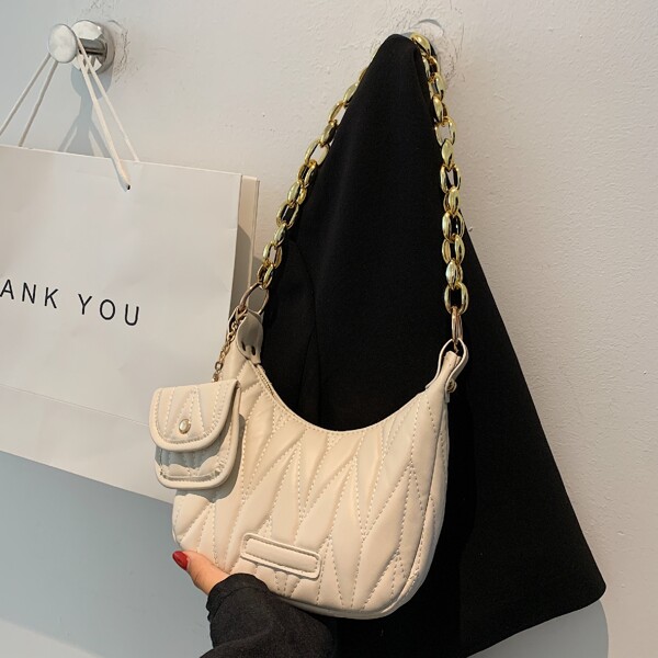 

Quilted Baguette Bag With Coin Case, Beige