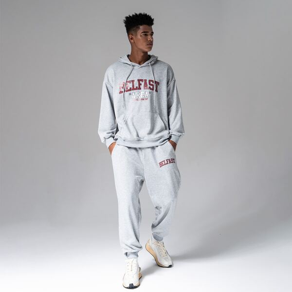 

Men Letter Graphic Drawstring Hoodie & Sweatpants, Light grey