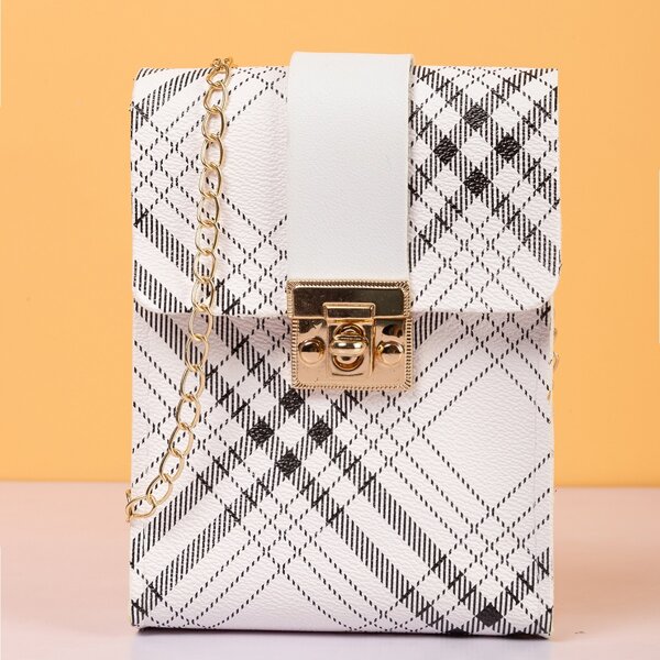 

Plaid Pattern Twist Lock Chain Crossbody Bag, Black and white