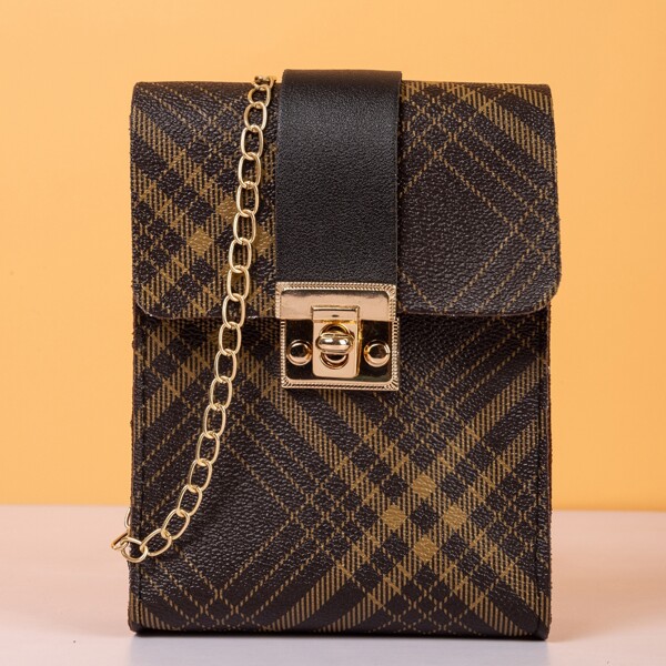 

Tartan Flap Chain Crossbody Bag, Brown