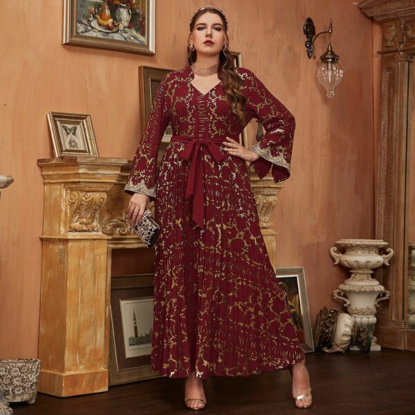 

Plus Gold Print Flounce Sleeve Belted Pleated Hem Dress, Burgundy