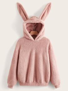 SHEIN EZwear 落肩3D耳朵设计泰迪熊连帽衫，秋冬长袖上衣 - 藕粉色 - 查看 2