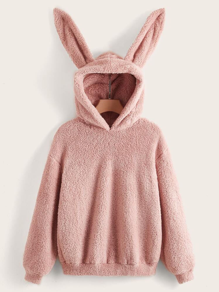 SHEIN EZwear 落肩3D耳朵设计泰迪熊连帽衫，秋冬长袖上衣 - 藕粉色 - 查看 2