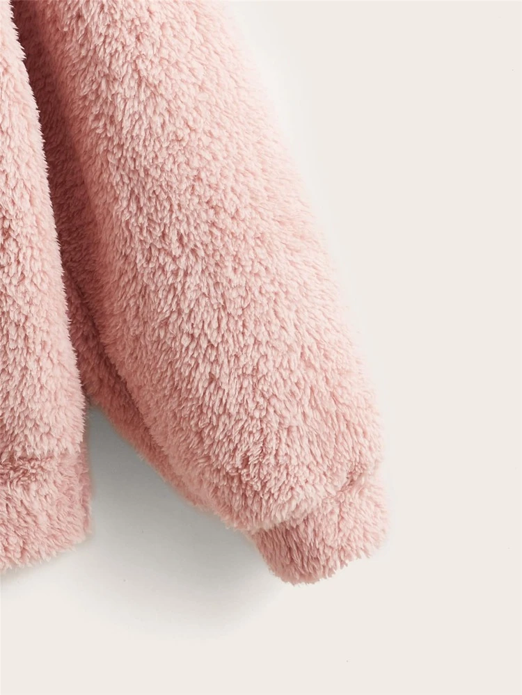 Drop Shoulder 3D Ears Design Teddy Hoodie,Long Sleeve Tops In Fall/Winter