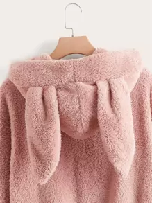 SHEIN EZwear 落肩3D耳朵设计泰迪熊连帽衫，秋冬长袖上衣 - 藕粉色 - 查看 4