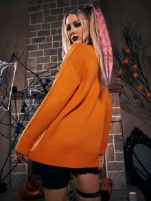 Suéter con patrón de letra y Halloween - Naranja Quemada - Ver 2