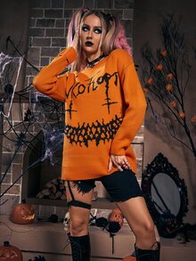 Suéter con patrón de letra y Halloween - Naranja Quemada - Ver 3
