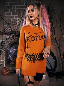Suéter con patrón de letra y Halloween - Naranja Quemada - Ver 4