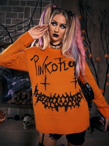 Suéter con patrón de letra y Halloween - Naranja Quemada - Ver 5