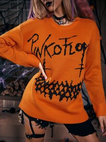 Suéter con patrón de letra y Halloween - Naranja Quemada - Ver 7
