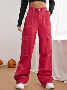 High Waist Side Pocket Jeans - Red - View 1