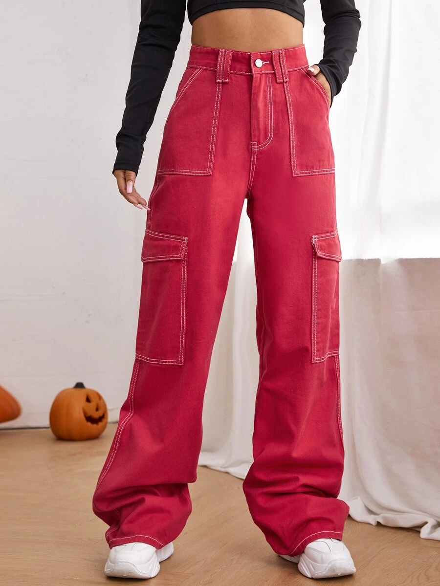 High Waist Side Pocket Jeans - Red - View 1
