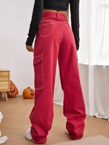 High Waist Side Pocket Jeans - Red - View 2