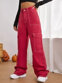 High Waist Side Pocket Jeans - Red - View 3