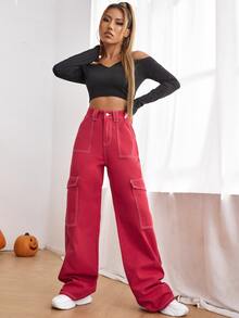 High Waist Side Pocket Jeans - Red - View 4