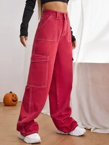 High Waist Side Pocket Jeans - Red - View 5