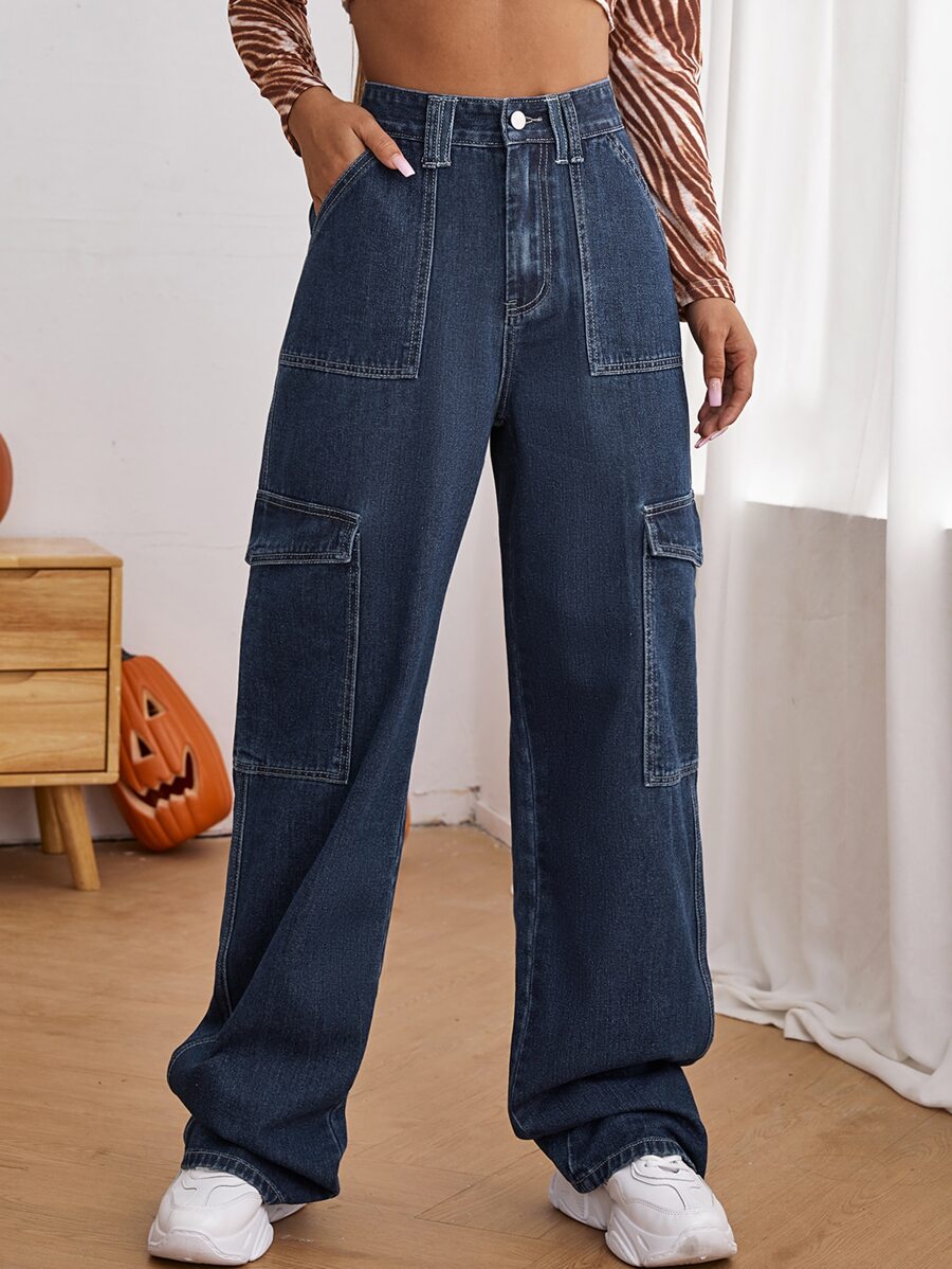 High Waist Side Pocket Jeans - Dark Wash - View 1