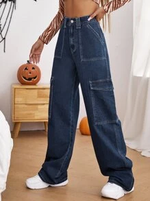 High Waist Side Pocket Jeans - Dark Wash - View 4