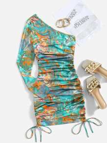 SHEIN ICON Đầm Dây kéo Thắt nút Xù Đá hoa Gợi cảm - Nhiều màu - Xem 1