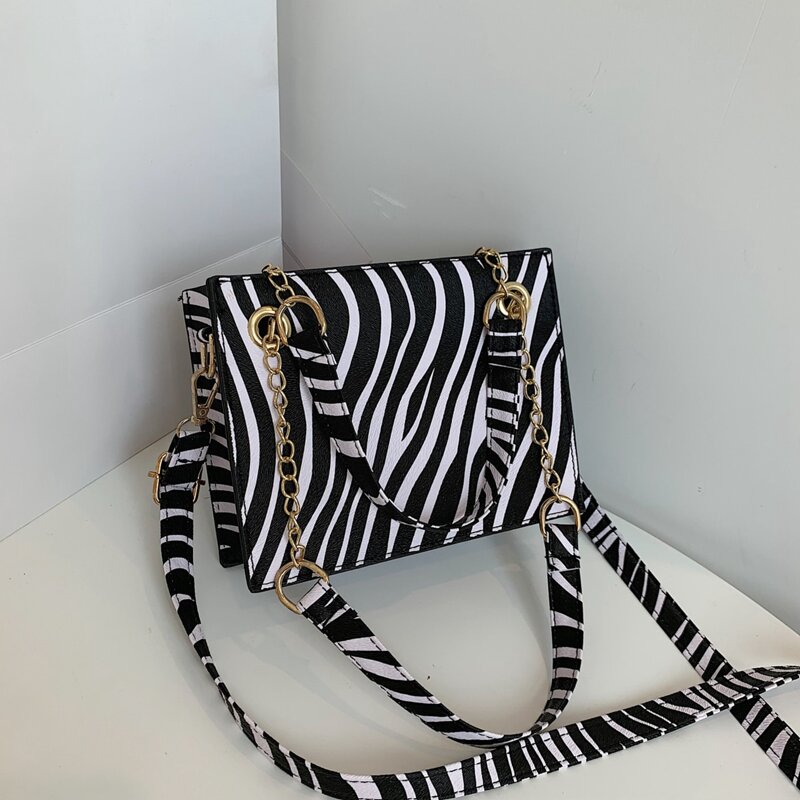 

Zebra Striped Shoulder Bag, Black and white