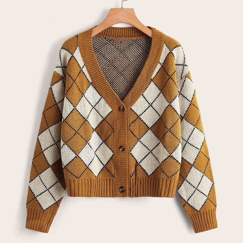 

Argyle Pattern Button Front Cardigan, Multicolor