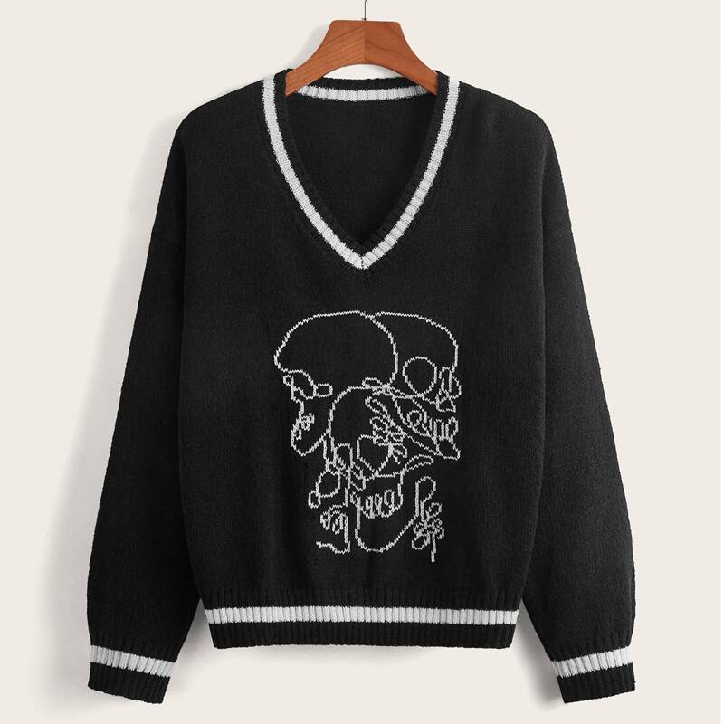 

Skull Pattern Contrast Binding Sweater, Black