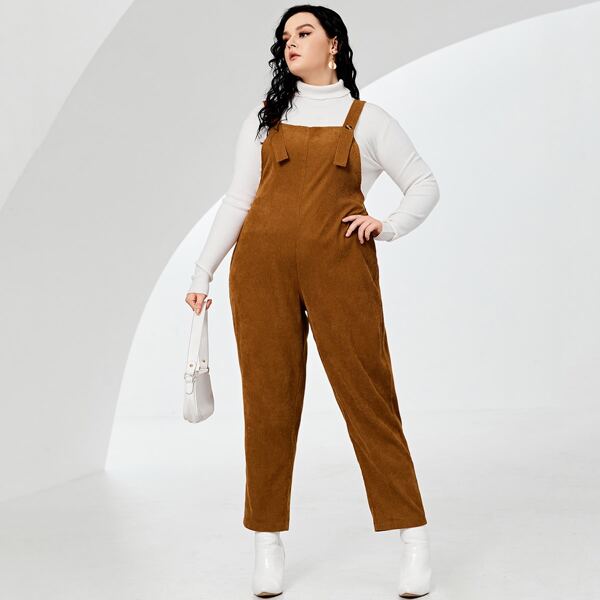 

Plus Solid Corduroy Pinafore Jumpsuit, Brown