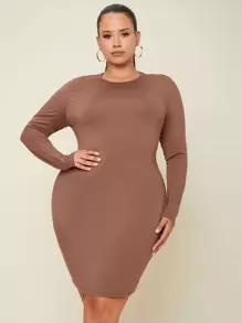 SHEIN Plus Solid Long Sleeve Bodycon Dress - Brown - View 1