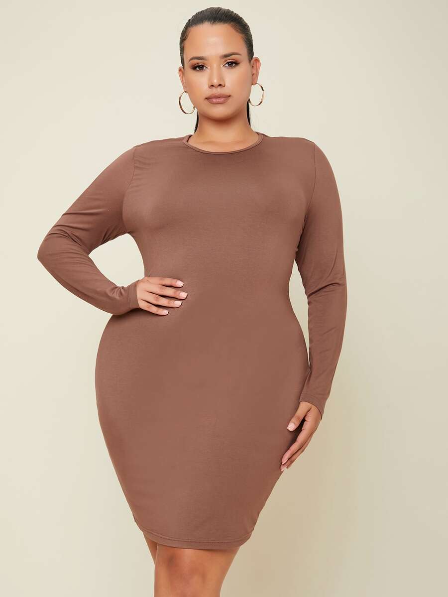 SHEIN Plus Solid Long Sleeve Bodycon Dress - Brown - View 1
