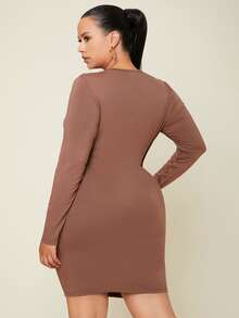 SHEIN Plus Solid Long Sleeve Bodycon Dress - Brown - View 2