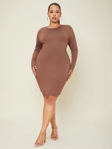 SHEIN Plus Solid Long Sleeve Bodycon Dress - Brown - View 3