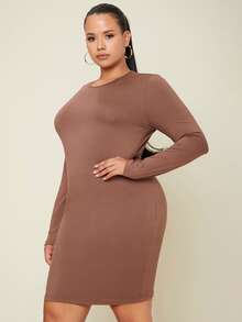 SHEIN Plus Solid Long Sleeve Bodycon Dress - Brown - View 5