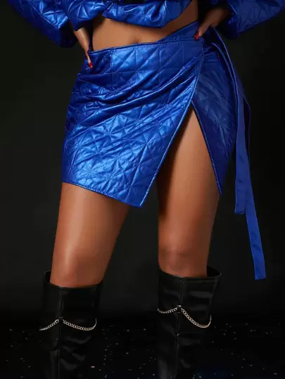 SHEIN SXY Knot Side Wrap PU Leather Quilted Skirt