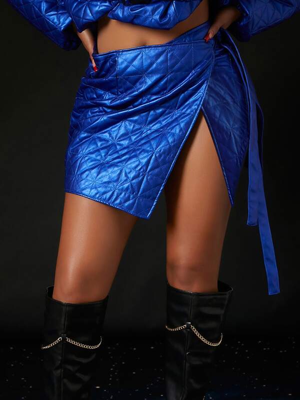 SHEIN SXY 側打結圍裹PU皮革衍縫半身裙