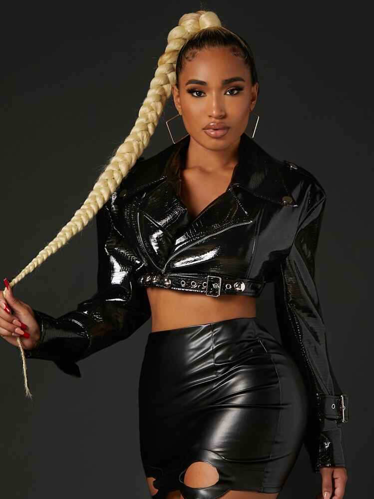 shopi⭐︎mayu SHEIN SXY Zip Front Belted Crop PU Leather Moto Jacket | SHEIN