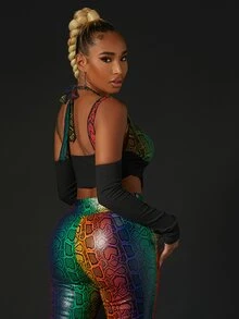 SHEIN SXY Áo nữ Lộ Lưng Buộc lại Snakeskin In Gợi cảm - Nhiều màu - Xem 2