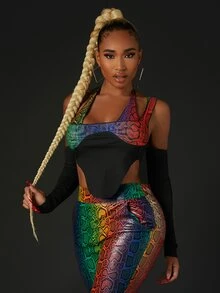 SHEIN SXY Áo nữ Lộ Lưng Buộc lại Snakeskin In Gợi cảm - Nhiều màu - Xem 4