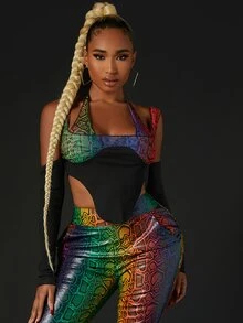 SHEIN SXY Áo nữ Lộ Lưng Buộc lại Snakeskin In Gợi cảm - Nhiều màu - Xem 5