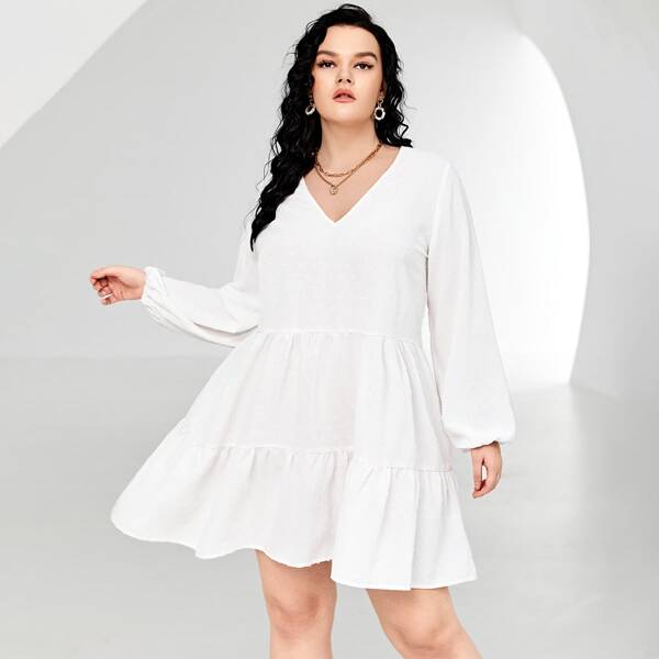

Plus Swiss Dot Bishop Sleeve Smock Dress, White