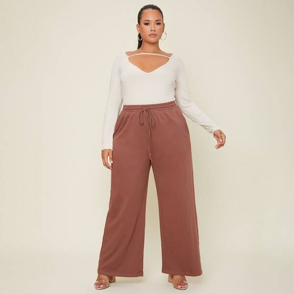 

Plus Drawstring Waist Wide Leg Sweatpants, Redwood