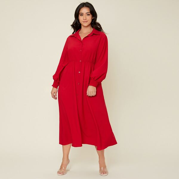 

Plus Lantern Sleeve Button Front Shirt Dress, Red