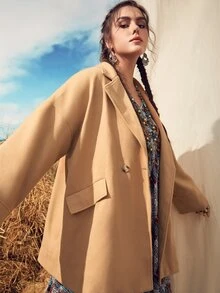 Modelyn 大碼西裝領落肩袖雙排釦花呢外套 - 卡其色 - 查看 3