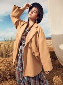 Modelyn 大碼西裝領落肩袖雙排釦花呢外套 - 卡其色 - 查看 5