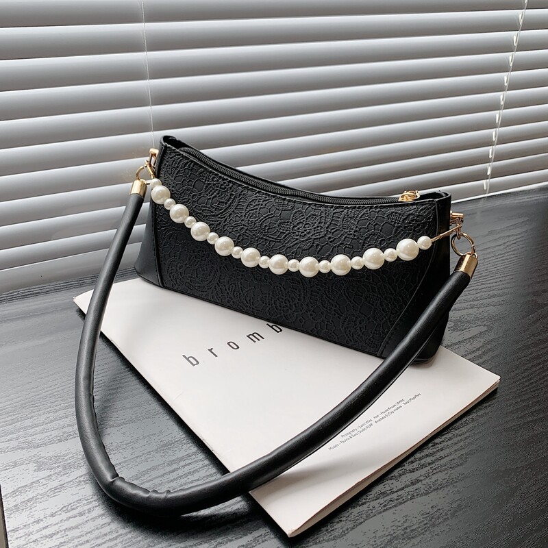 

Faux Pearl Beaded Shoulder Bag, Black