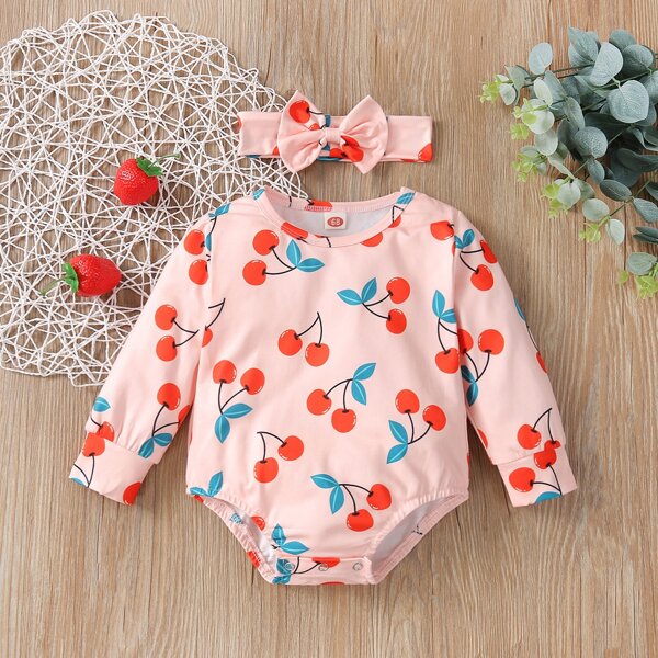 

Baby Cherry Print Bodysuit & Headband, Pink