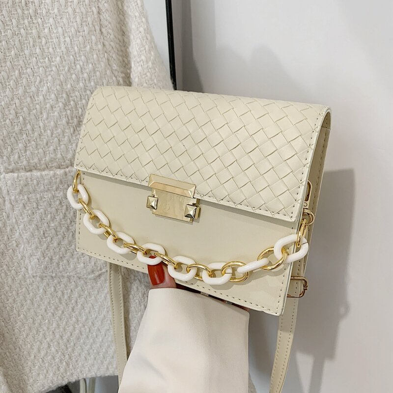 

Metal Lock Flap Satchel Bag, Beige